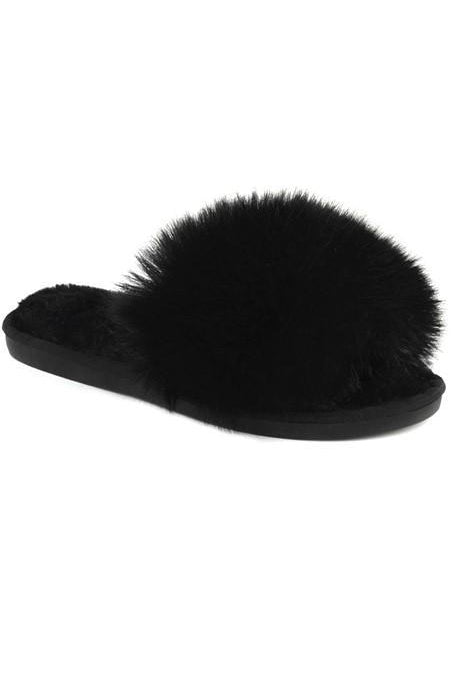 Black Fluffy Faux Fur Slider Slippers-brownslingerie