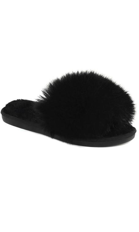 Black Fluffy Faux Fur Slider Slippers-brownslingerie