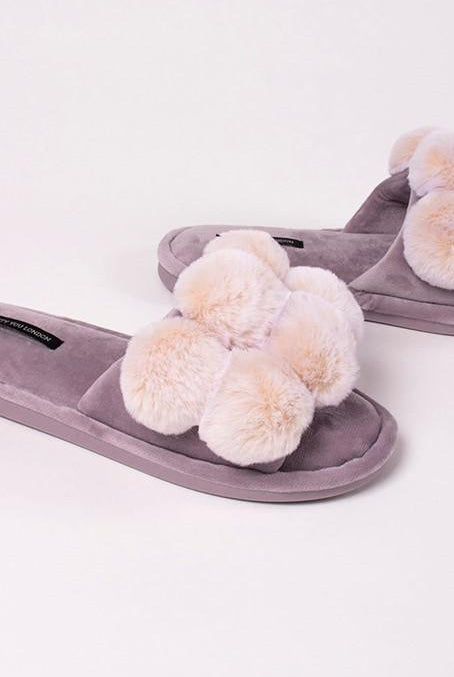 Pretty You London Dolly Pom Pom Slippers in Orchid-brownslingerie