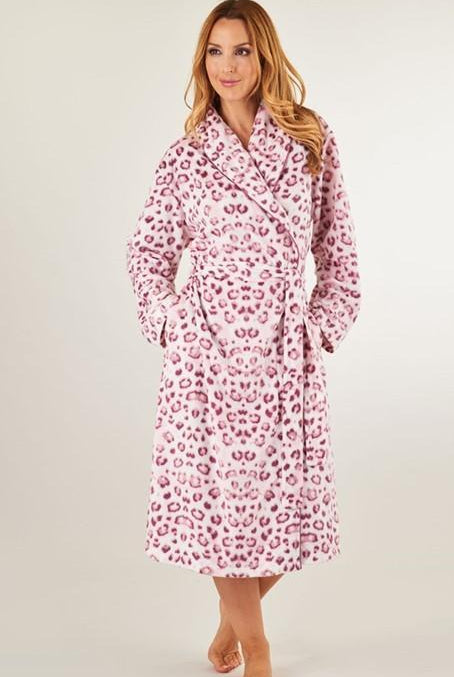 Slenderella Fleece Pink Animal Print Dressing Gown-brownslingerie