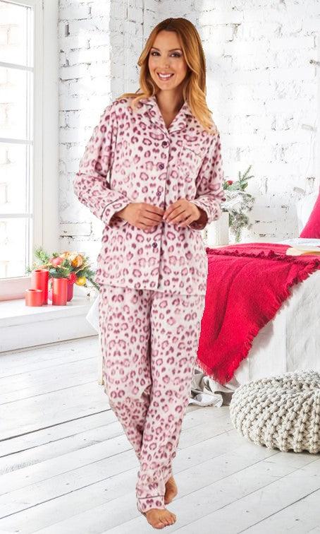Slenderella Fleece Pink Animal Print Pyjamas-brownslingerie